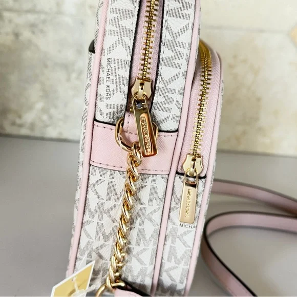 Michael Kors Jet Set Travel MD Flight Chain Crossbody Bag MK Vanilla/Pink - Picture 14 of 15